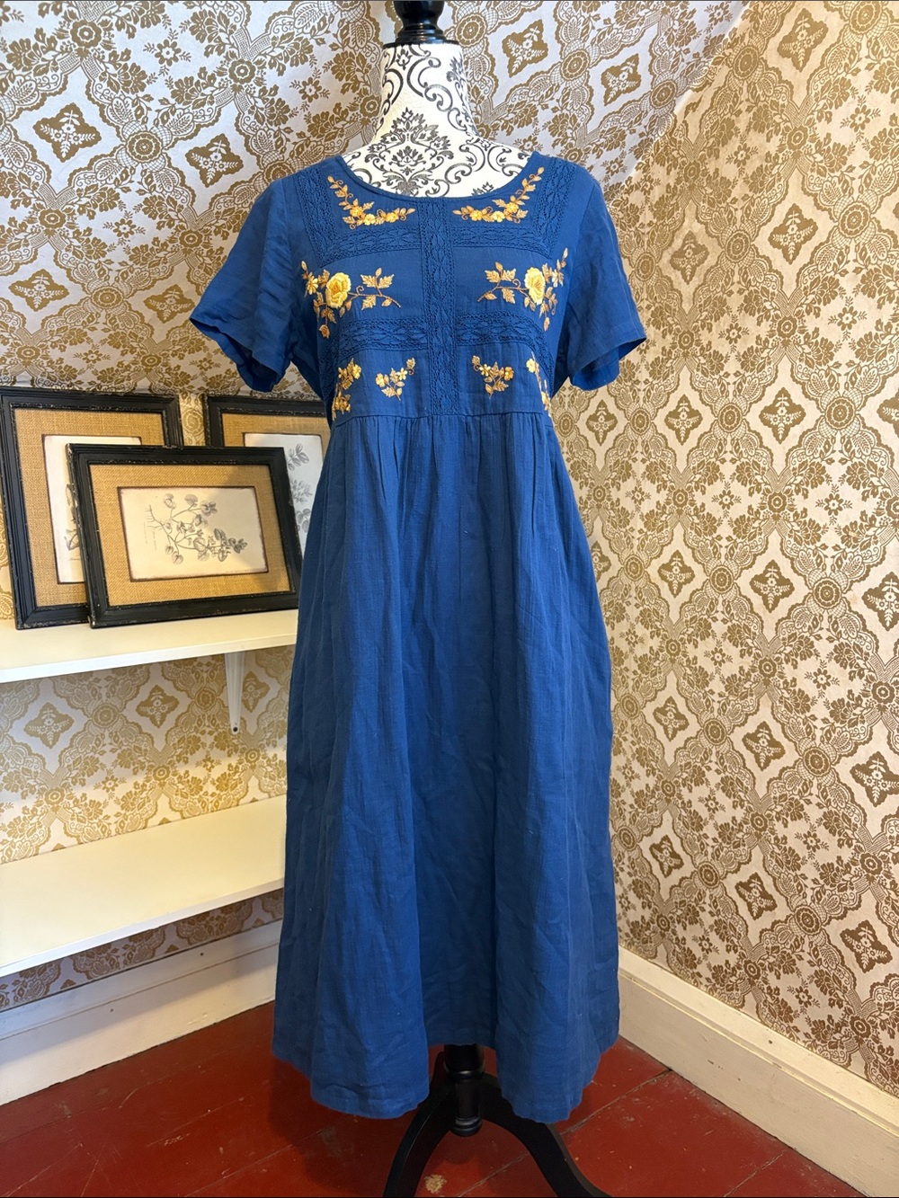 April Cornell Embroidered Midi Dress Blue Floral Cottagecore